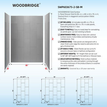 WOODBRIDGE Solid Surface 60" W x 75" H Tile Tub and Shower Wall Panel Surround, Quick Install, Cuttable, Stacked Block in a Staggered Vertical Pattern