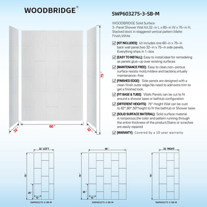 WOODBRIDGE Solid Surface 60" W x 75" H Tile Tub and Shower Wall Panel Surround, Quick Install, Cuttable, Stacked Block in a Staggered Vertical Pattern