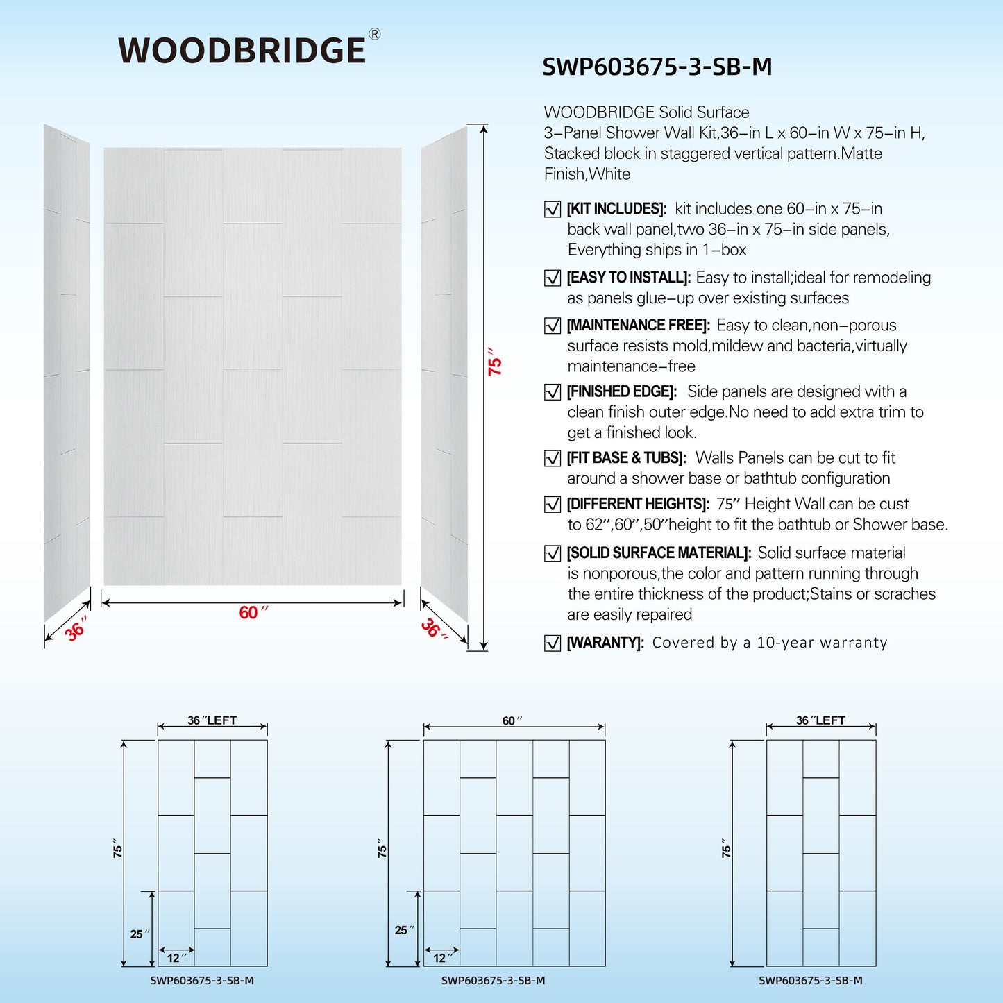 WOODBRIDGE Solid Surface 60" W x 75" H Tile Tub and Shower Wall Panel Surround, Quick Install, Cuttable, Stacked Block in a Staggered Vertical Pattern