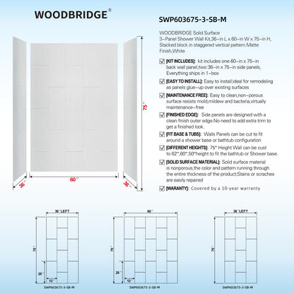 WOODBRIDGE Solid Surface 60" W x 75" H Tile Tub and Shower Wall Panel Surround, Quick Install, Cuttable, Stacked Block in a Staggered Vertical Pattern