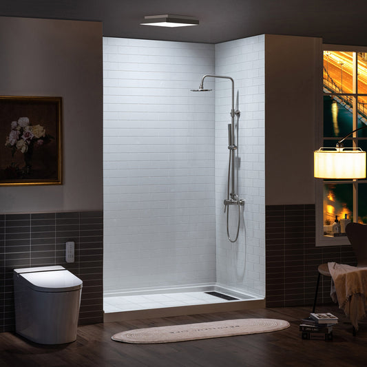 WOODBRIDGE Solid Surface 60" W x 75" H Tile Tub and Shower Wall Panel Surround, Quick Install, Cuttable, Staggered Brick Pattern