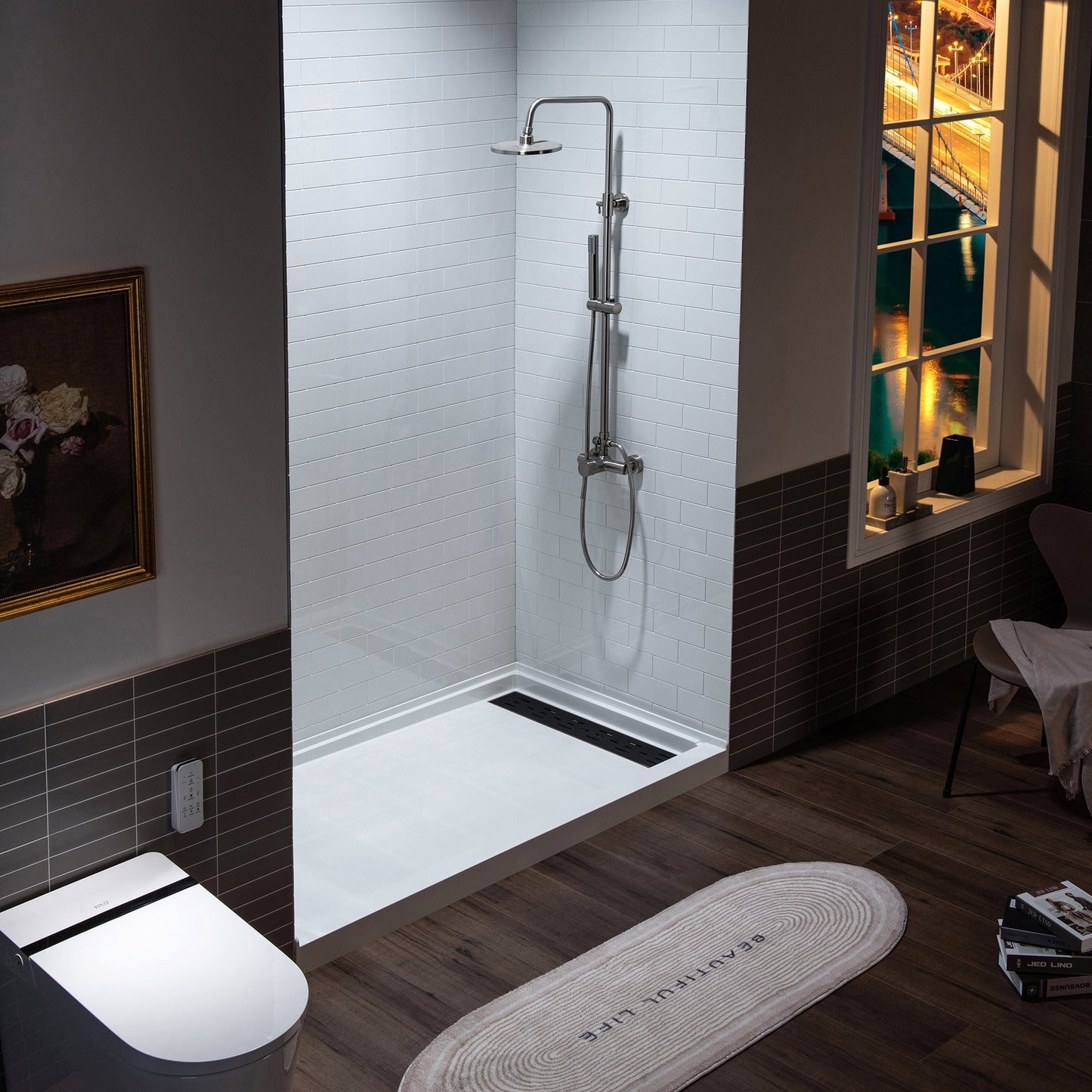 WOODBRIDGE Solid Surface 60" W x 75" H Tile Tub and Shower Wall Panel Surround, Quick Install, Cuttable, Staggered Brick Pattern