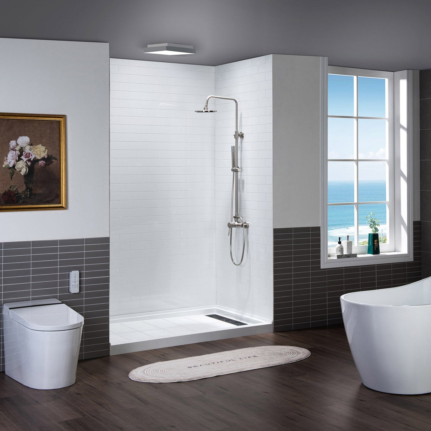 WOODBRIDGE Solid Surface 60" W x 75" H Tile Tub and Shower Wall Panel Surround, Quick Install, Cuttable, Staggered Brick Pattern