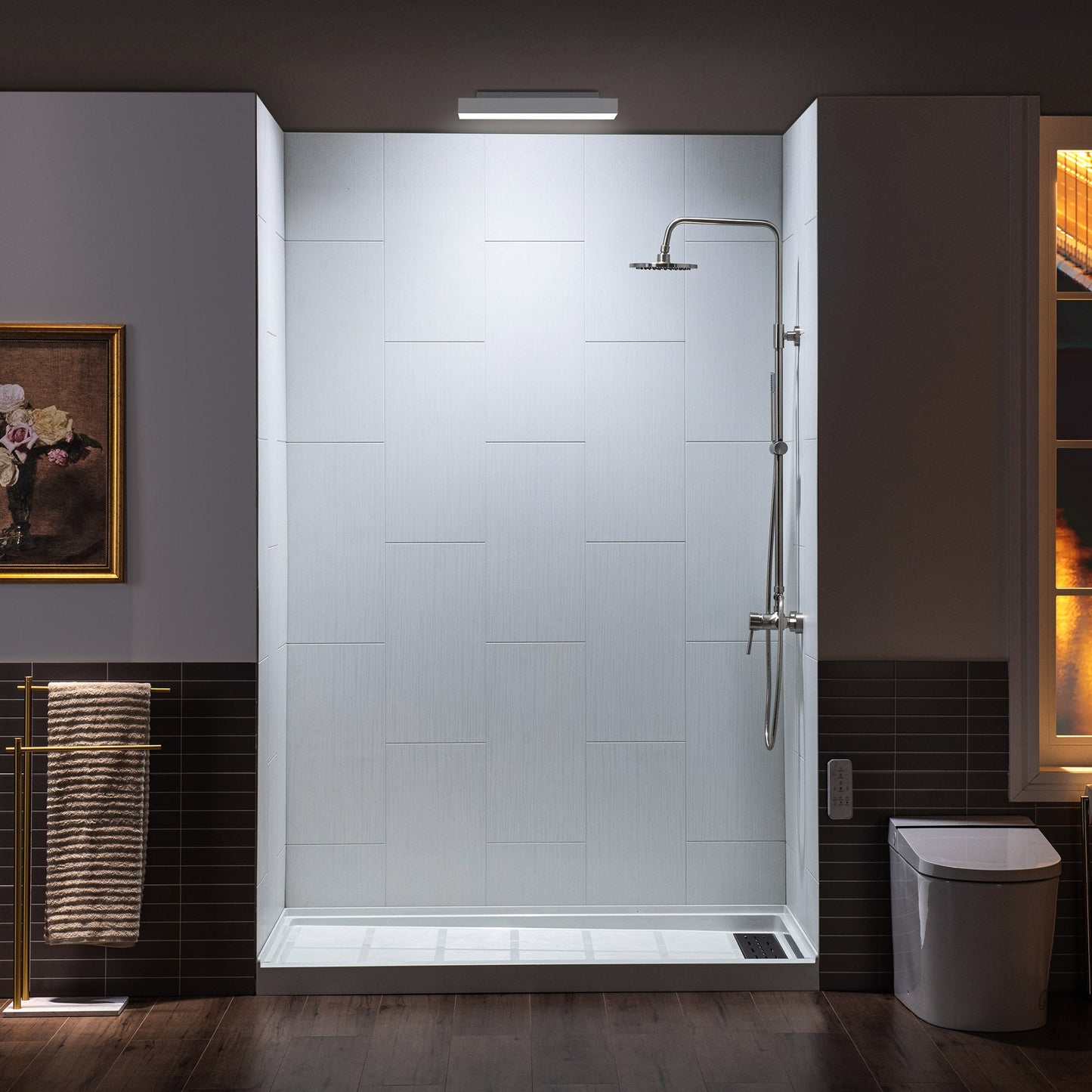 WOODBRIDGE Solid Surface 60" W x 75" H Tile Tub and Shower Wall Panel Surround, Quick Install, Cuttable, Stacked Block in a Staggered Vertical Pattern