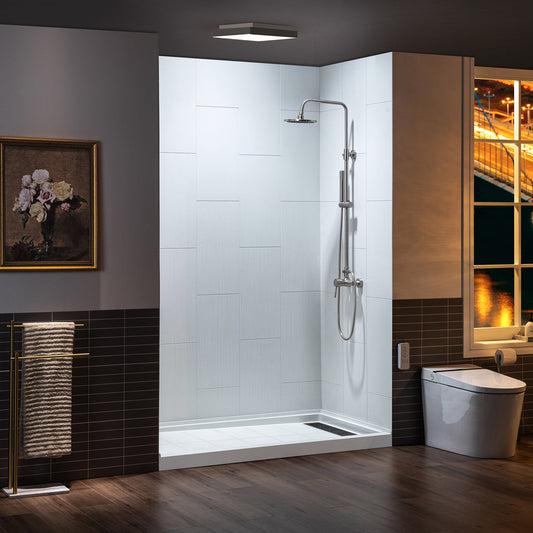 WOODBRIDGE Solid Surface 60" W x 75" H Tile Tub and Shower Wall Panel Surround, Quick Install, Cuttable, Stacked Block in a Staggered Vertical Pattern
