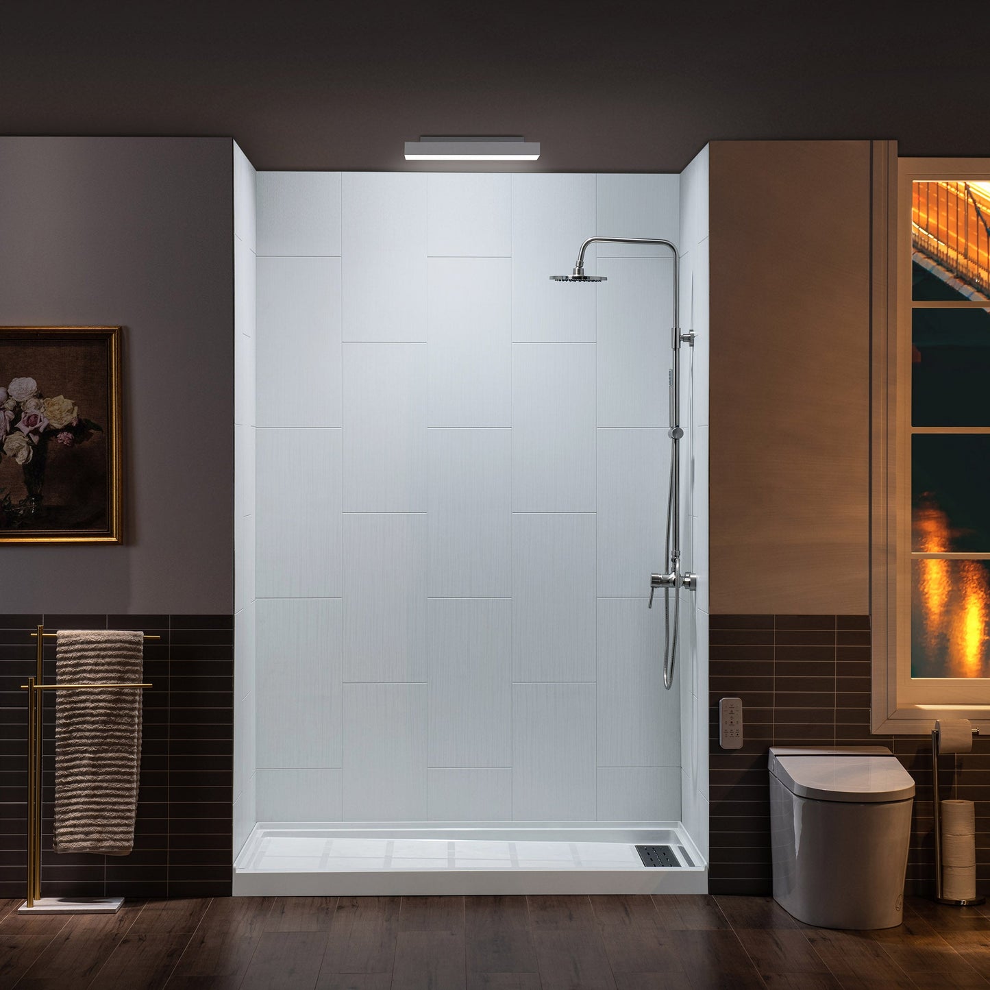 WOODBRIDGE Solid Surface 60" W x 75" H Tile Tub and Shower Wall Panel Surround, Quick Install, Cuttable, Stacked Block in a Staggered Vertical Pattern
