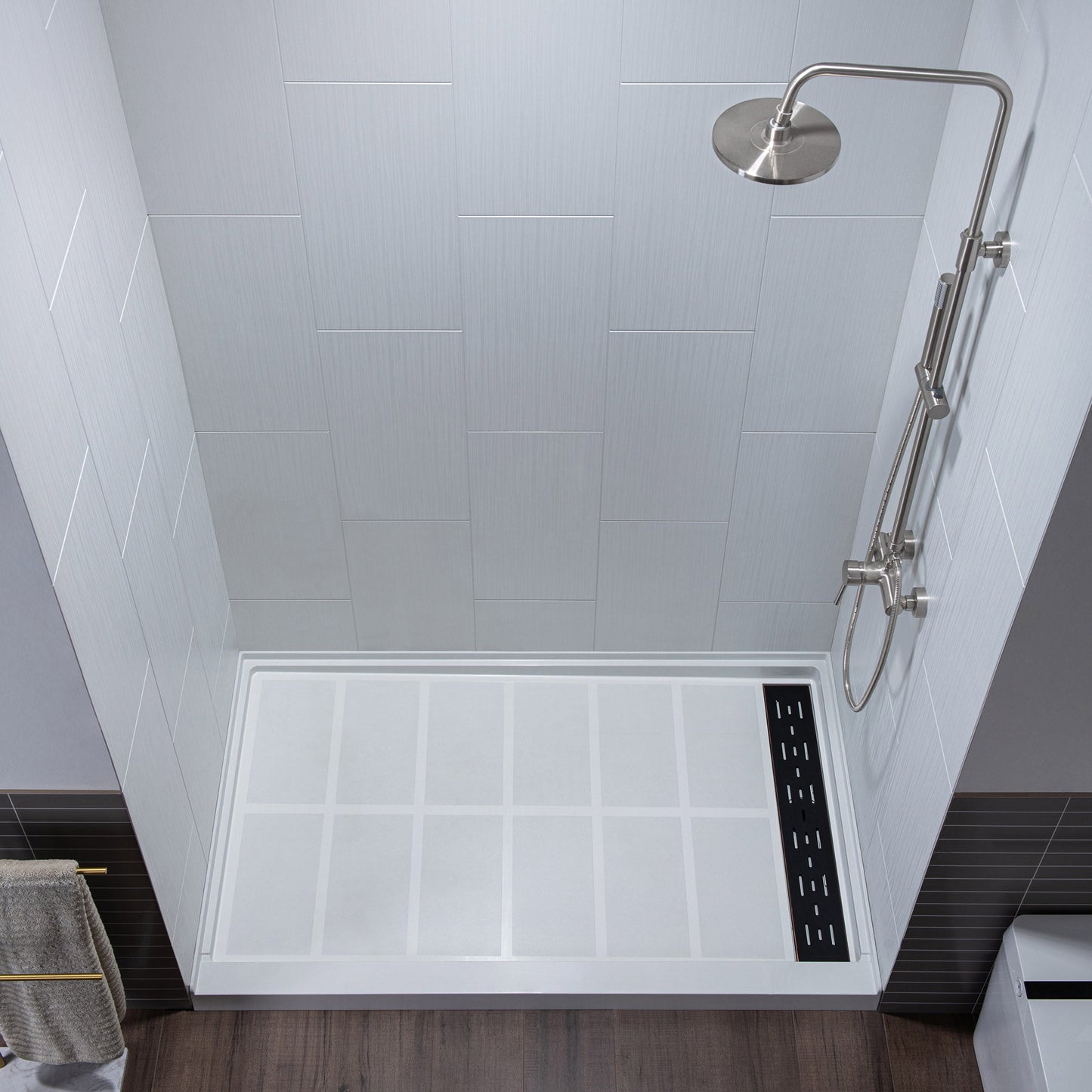 WOODBRIDGE Solid Surface 60" W x 75" H Tile Tub and Shower Wall Panel Surround, Quick Install, Cuttable, Stacked Block in a Staggered Vertical Pattern
