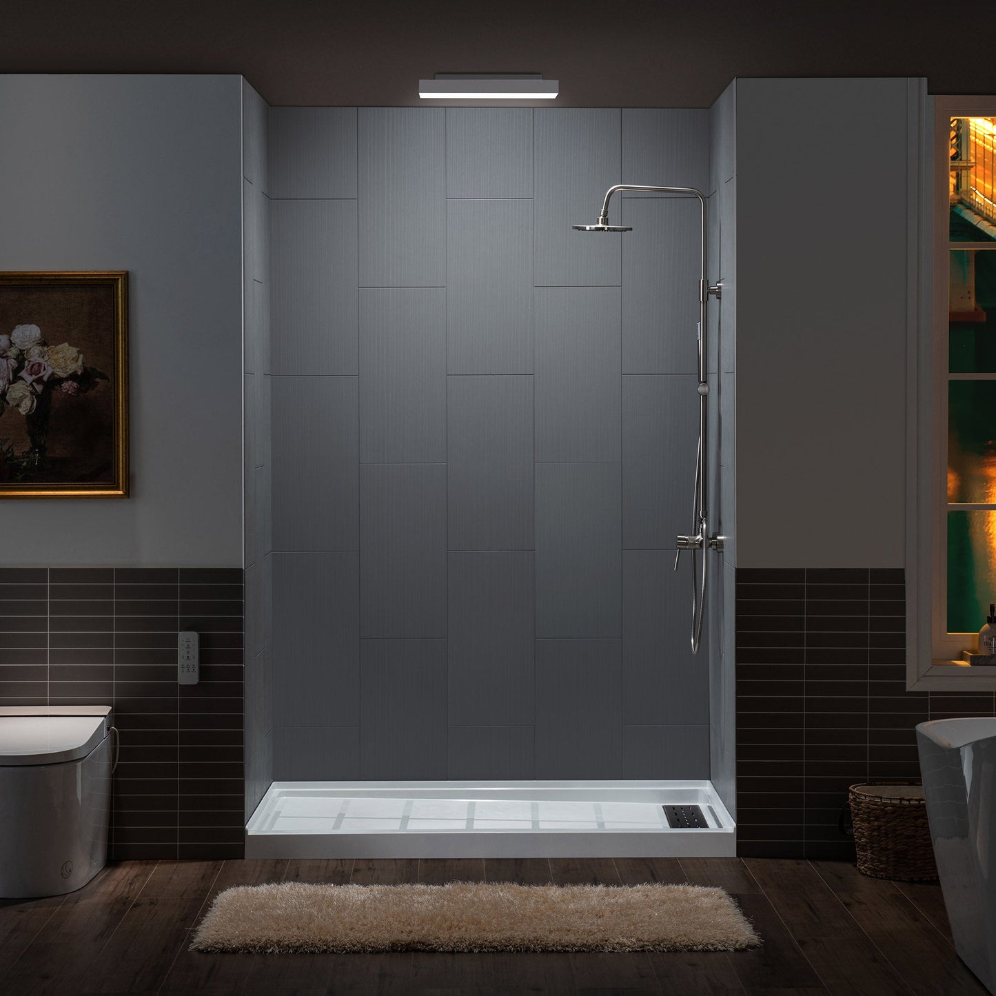 WOODBRIDGE Solid Surface 60" W x 75" H Tile Tub and Shower Wall Panel Surround, Quick Install, Cuttable, Stacked Block in a Staggered Vertical Pattern