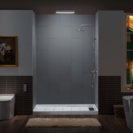 WOODBRIDGE Solid Surface 60" W x 75" H Tile Tub and Shower Wall Panel Surround, Quick Install, Cuttable, Stacked Block in a Staggered Vertical Pattern