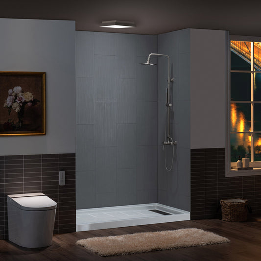 WOODBRIDGE Solid Surface 60" W x 75" H Tile Tub and Shower Wall Panel Surround, Quick Install, Cuttable, Stacked Block in a Staggered Vertical Pattern