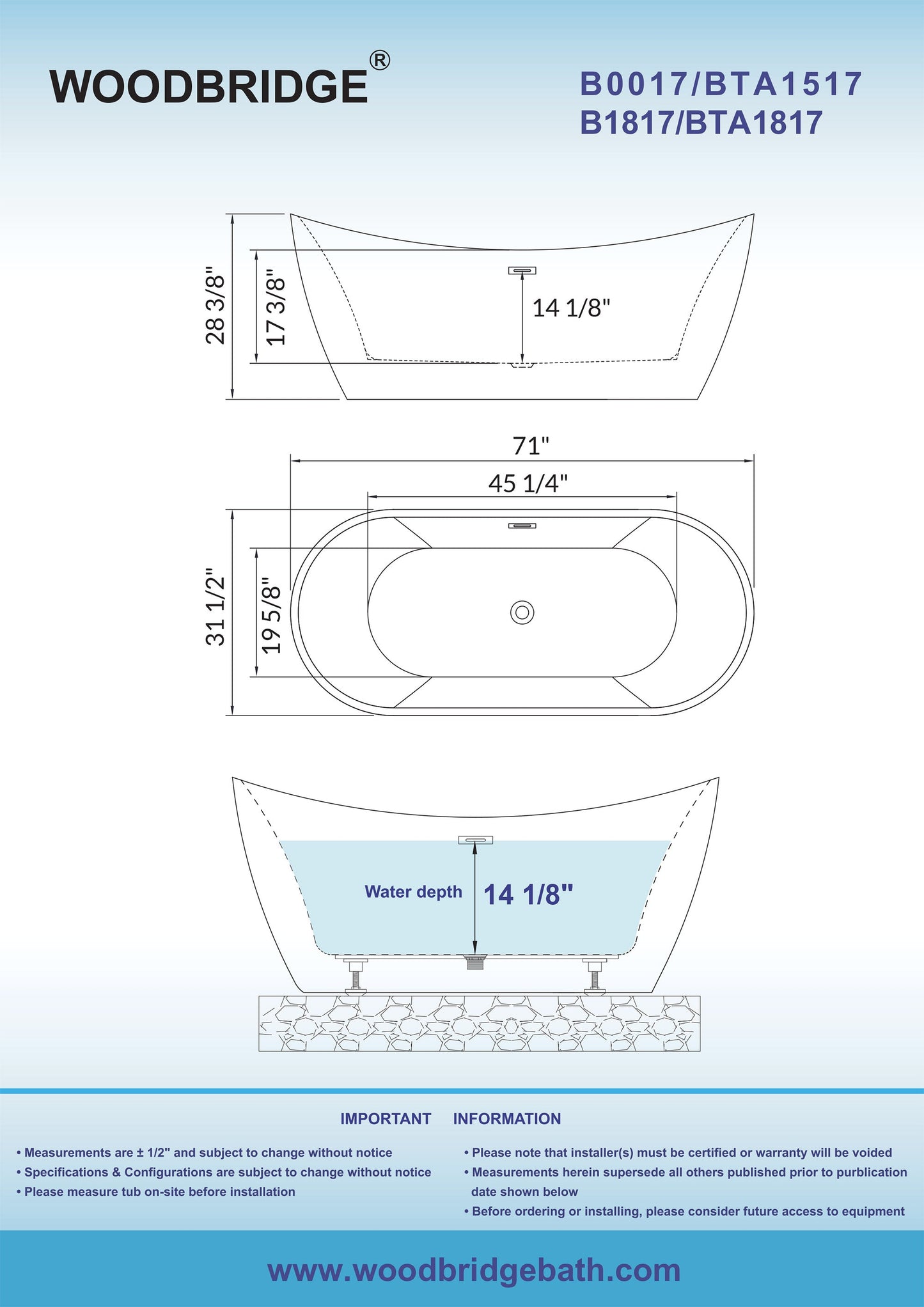 WOODBRIDGE 71" Acrylic Freestanding Bathtub Contemporary Soaking Tub