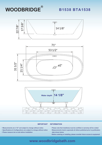WOODBRIDGE 71" Acrylic Freestanding Bathtub Contemporary Soaking Tub