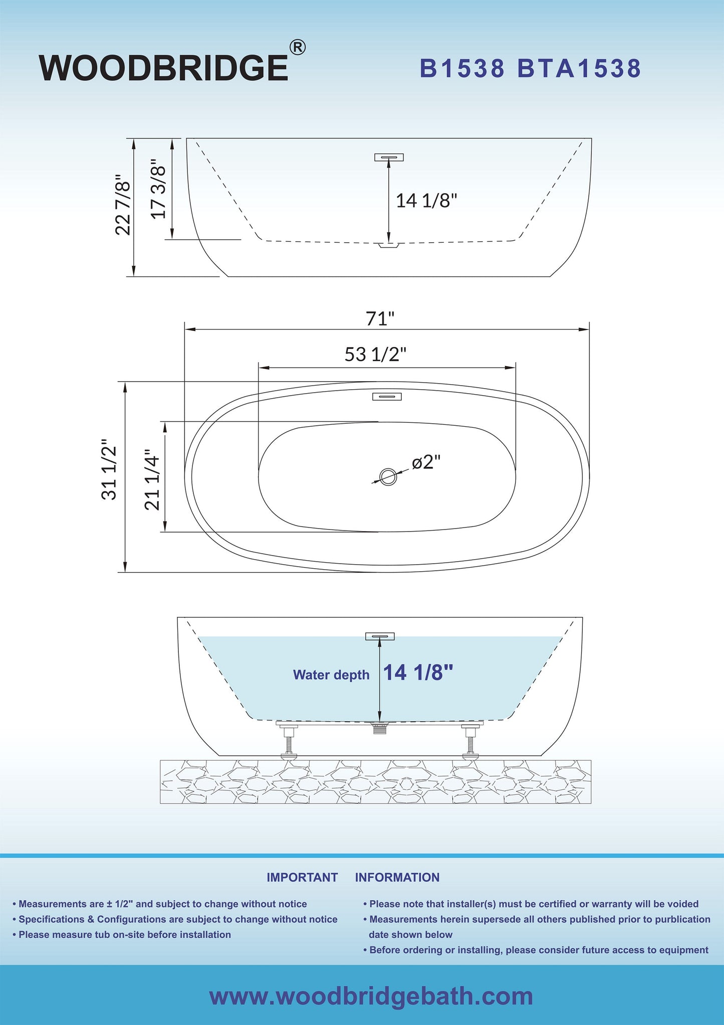 WOODBRIDGE 71" Acrylic Freestanding Bathtub Contemporary Soaking Tub
