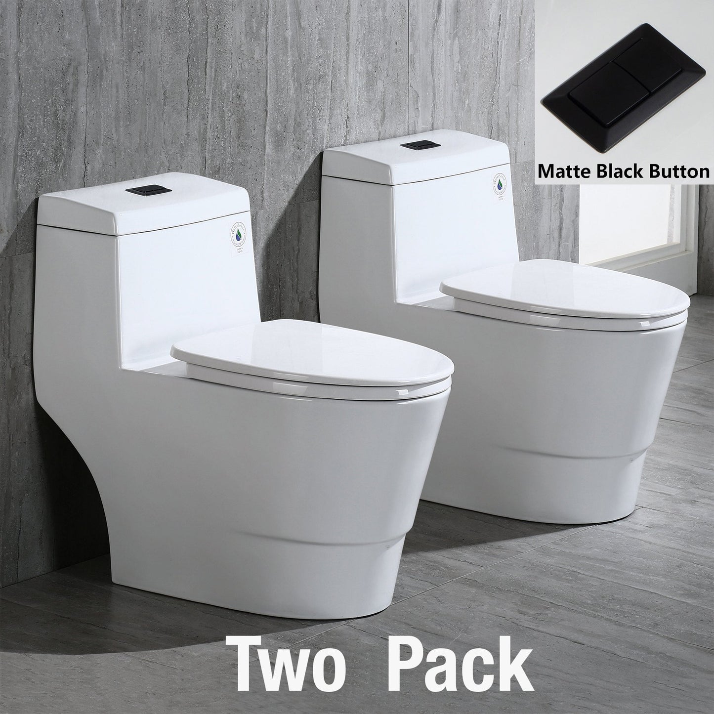 WOODBRIDGE One Piece, 1.28 GPF Dual, Chair Height, Water Sensed, 1000 Gram MaP Flushing Score Toilet with Matte Black Button, White (2 -Pack)
