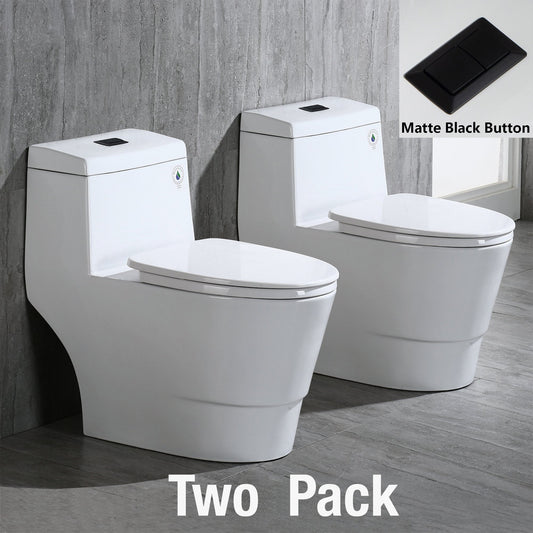 WOODBRIDGE One Piece, 1.28 GPF Dual, Chair Height, Water Sensed, 1000 Gram MaP Flushing Score Toilet with Matte Black Button, White (2 -Pack)