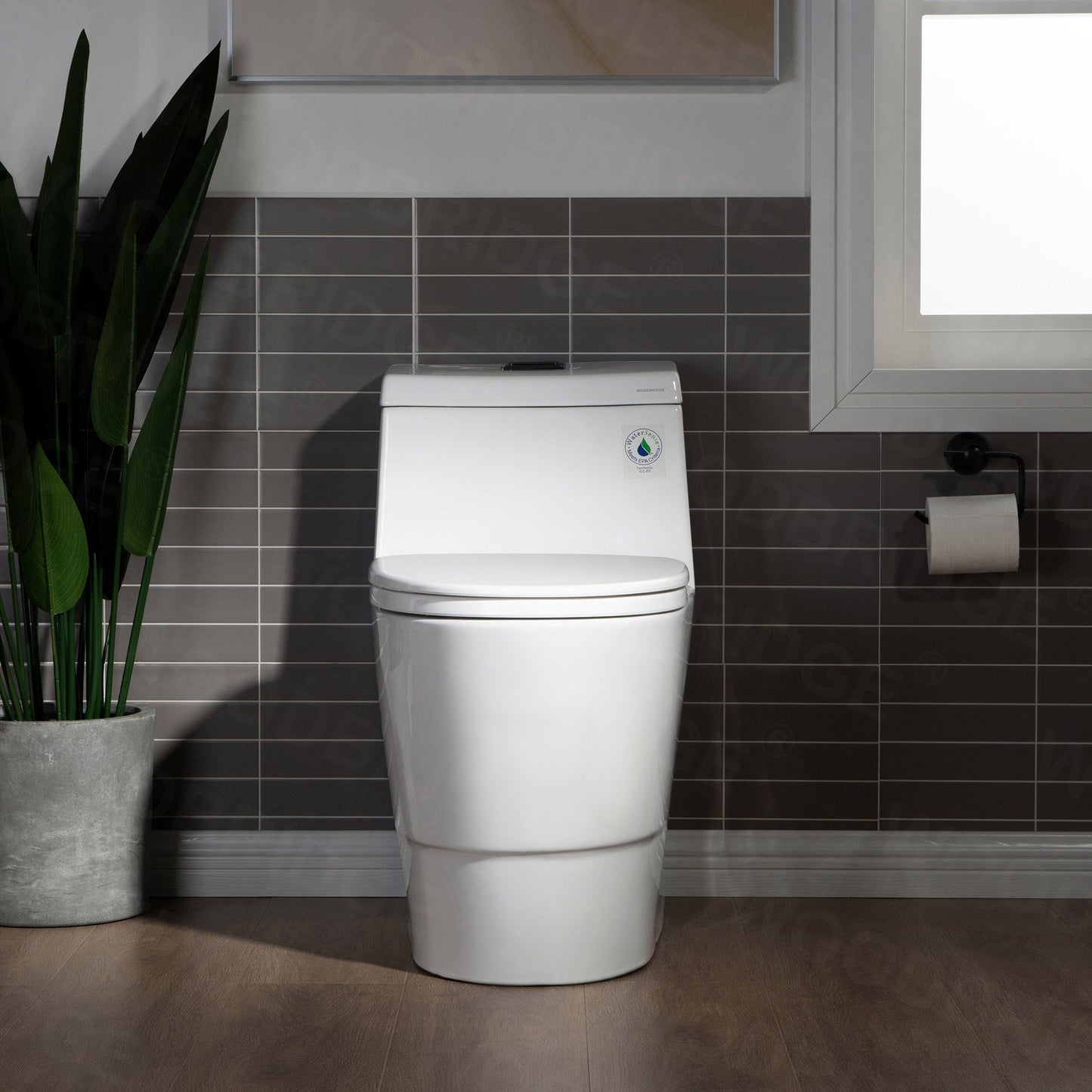 WOODBRIDGE One Piece, 1.28 GPF Dual, Chair Height, Water Sensed, 1000 Gram MaP Flushing Score Toilet with Matte Black Button, White (2 -Pack)