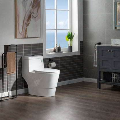 WOODBRIDGE One Piece, 1.28 GPF Dual, Chair Height, Water Sensed, 1000 Gram MaP Flushing Score Toilet with Matte Black Button, White (2 -Pack)