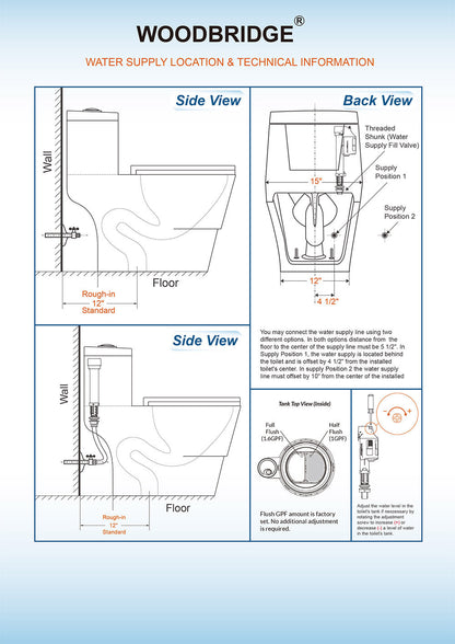 WOODBRIDGE One Piece, 1.28 GPF Dual, Chair Height, Water Sensed, 1000 Gram MaP Flushing Score Toilet with Matte Black Button, White (2 -Pack)