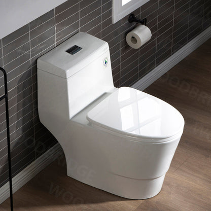 WOODBRIDGE One Piece, 1.28 GPF Dual, Chair Height, Water Sensed, 1000 Gram MaP Flushing Score Toilet with Matte Black Button, White (2 -Pack)