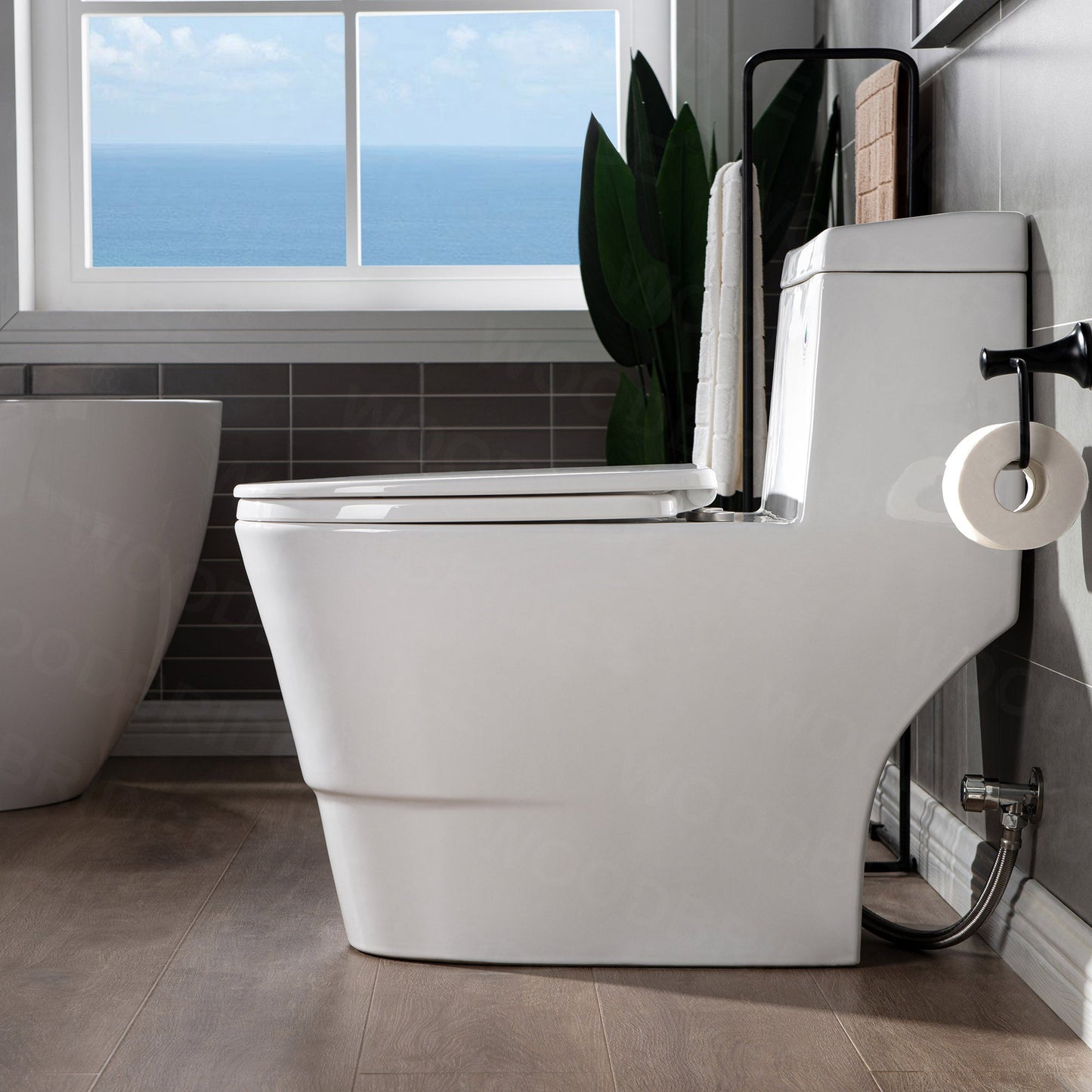 WOODBRIDGE One Piece, 1.28 GPF Dual, Chair Height, Water Sensed, 1000 Gram MaP Flushing Score Toilet with Matte Black Button, White (2 -Pack)