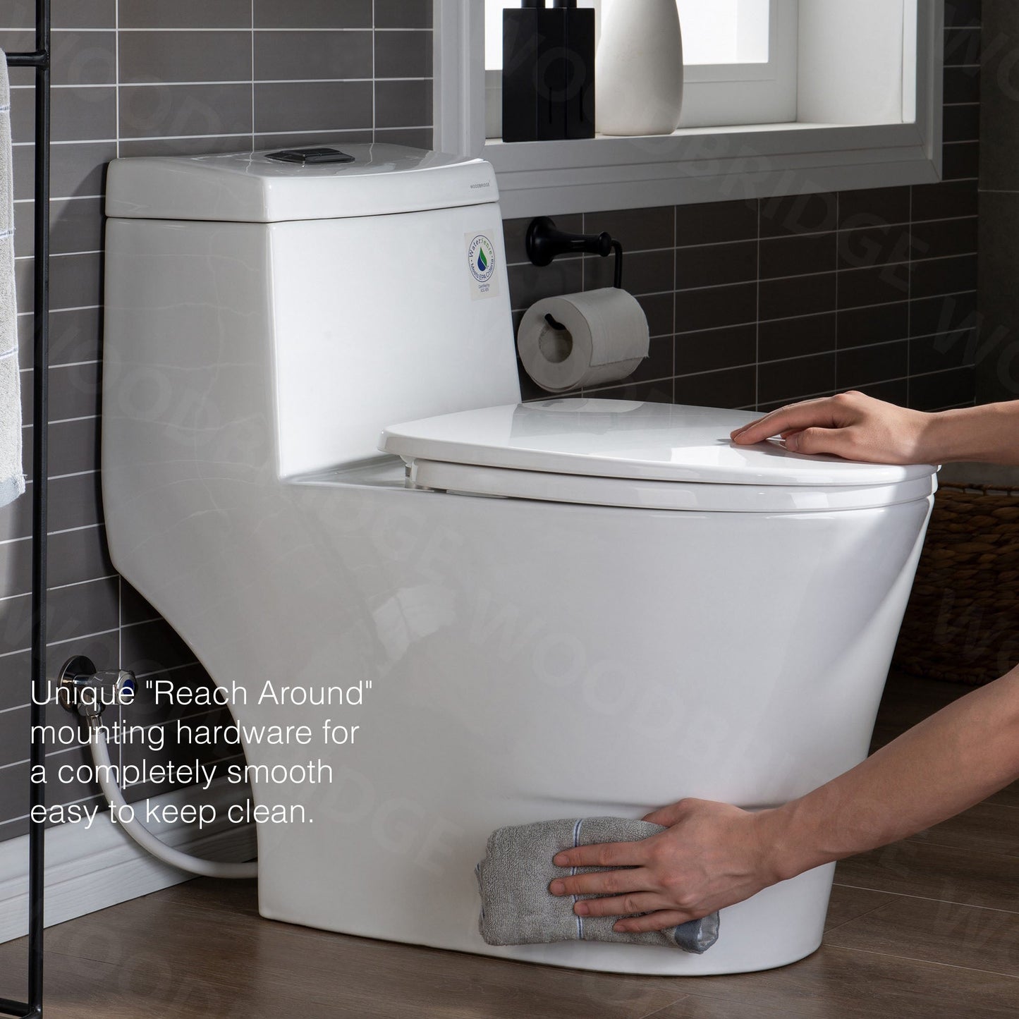 WOODBRIDGE One Piece, 1.28 GPF Dual, Chair Height, Water Sensed, 1000 Gram MaP Flushing Score Toilet with Matte Black Button, White (2 -Pack)