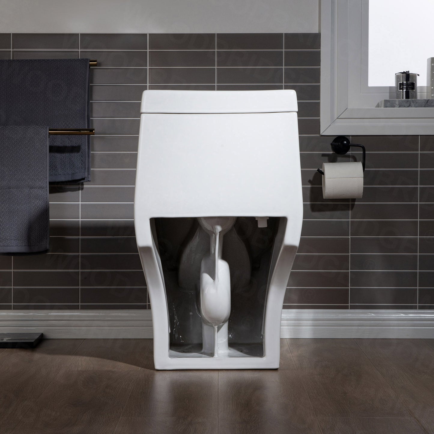 WOODBRIDGE One Piece, 1.28 GPF Dual, Chair Height, Water Sensed, 1000 Gram MaP Flushing Score Toilet with Matte Black Button, White (2 -Pack)