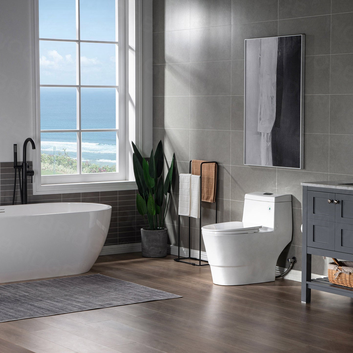 WOODBRIDGE One Piece, 1.28 GPF Dual, Chair Height, Water Sensed, 1000 Gram MaP Flushing Score Toilet with Matte Black Button, White (2 -Pack)