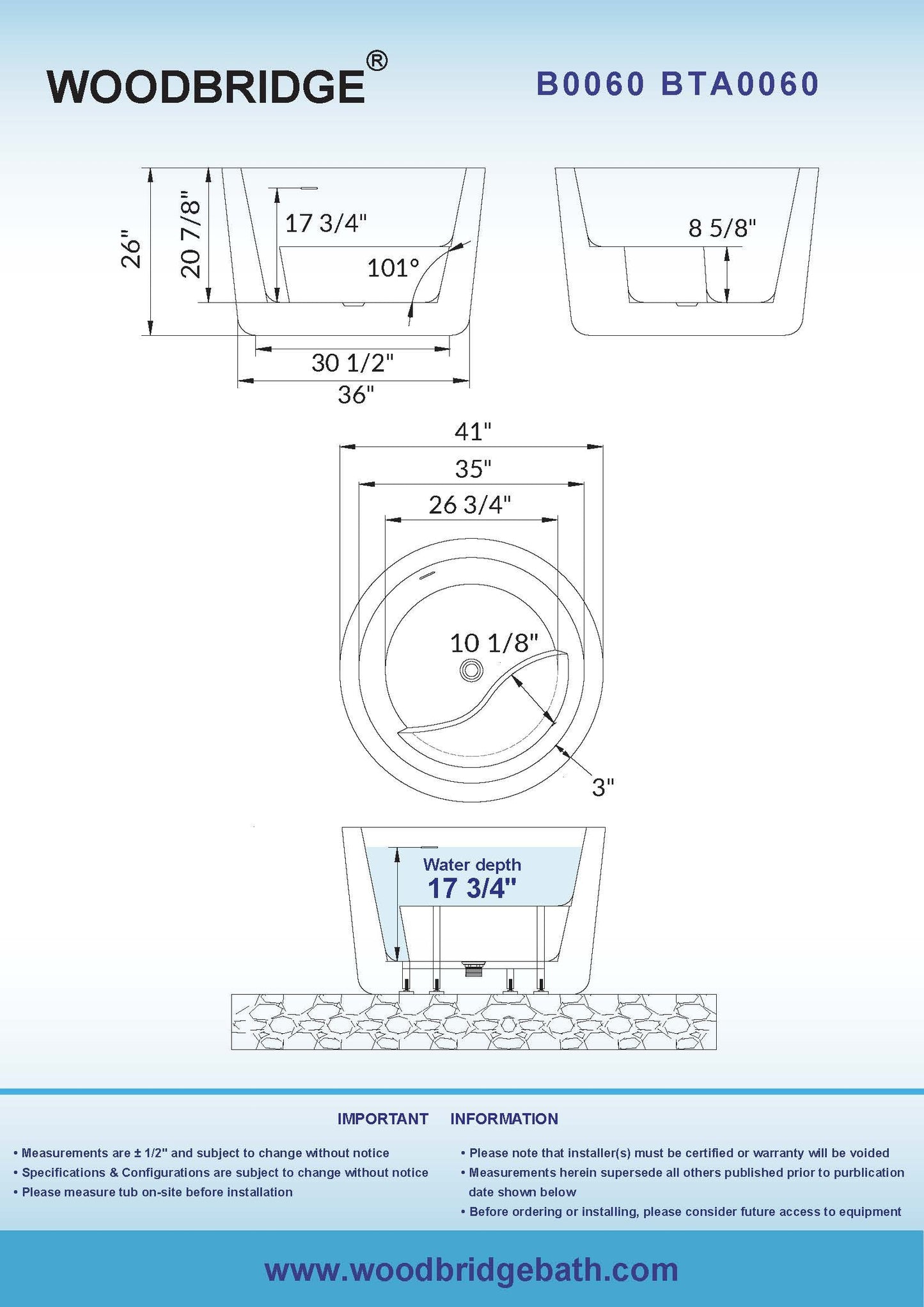 WOODBRIDGE 41" Acrylic Freestanding Round Contemporary Soaking Tub with Pre-molded Seat