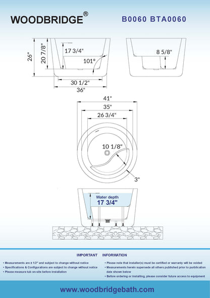 WOODBRIDGE 41" Acrylic Freestanding Round Contemporary Soaking Tub with Pre-molded Seat