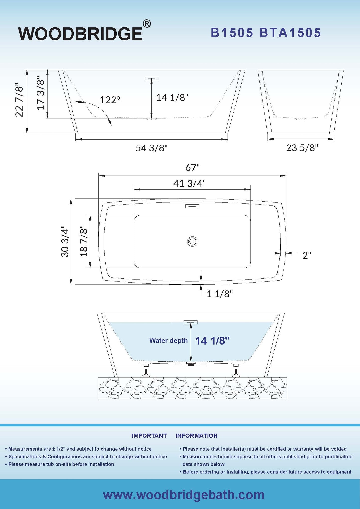 WOODBRIDGE 67" Acrylic Freestanding Double Ended Contemporary Soaking Tub