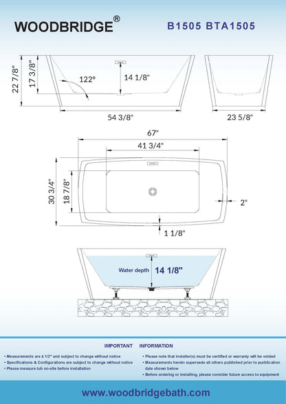 WOODBRIDGE 67" Acrylic Freestanding Double Ended Contemporary Soaking Tub