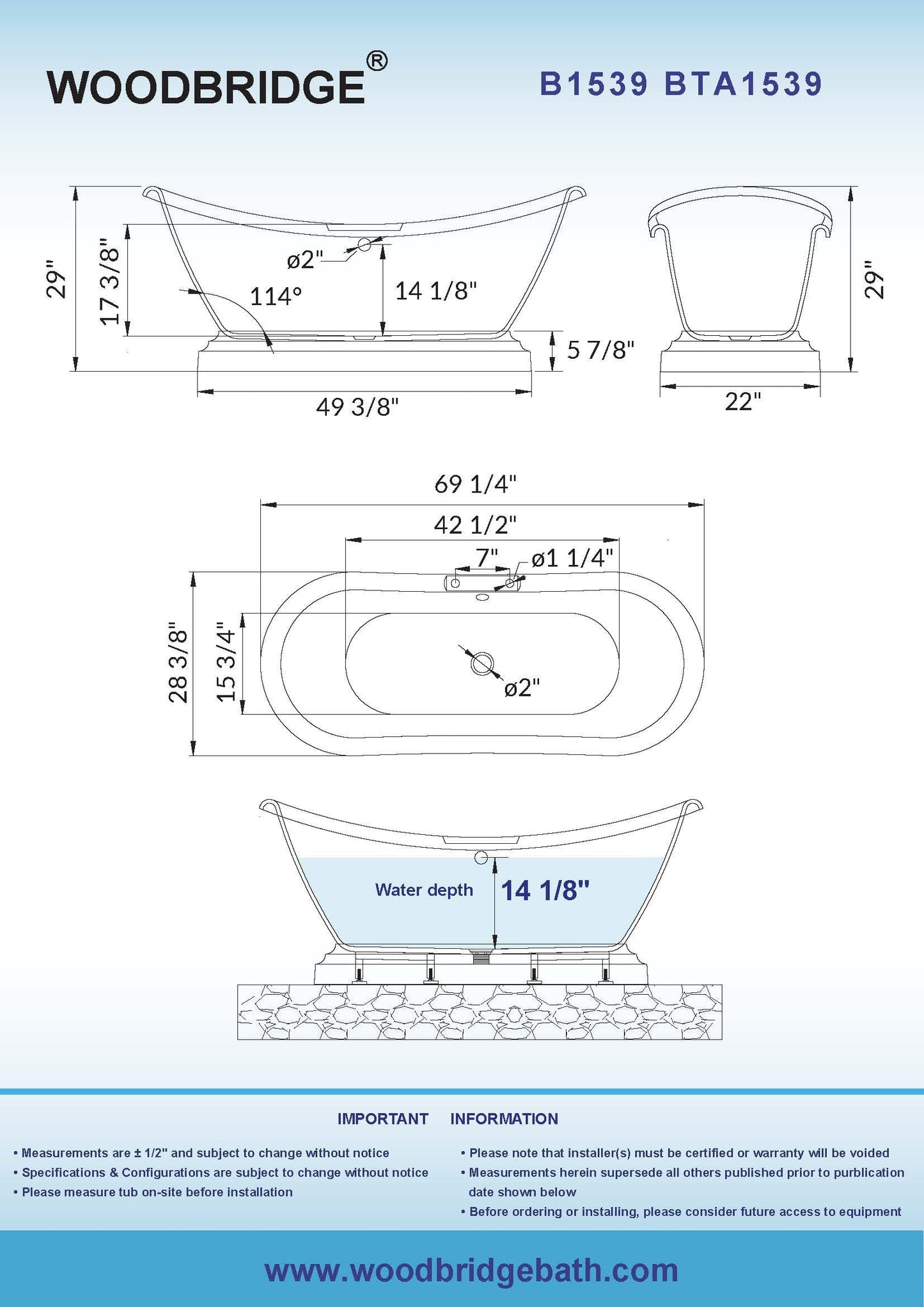 WOODBRIDGE 69 1/4" Acrylic Double Slipper,Pedestal Freestanding Tub