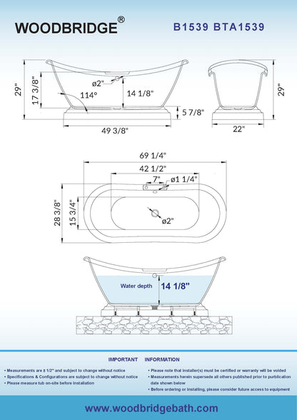 WOODBRIDGE 69 1/4" Acrylic Double Slipper,Pedestal Freestanding Tub