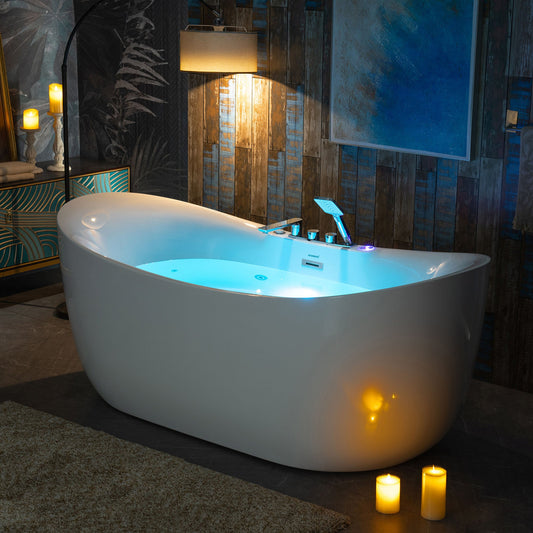 WOODBRIDGE 72" x 35-3/8" Whirlpool Water Jetted and Air Bubble Freestanding Heated Soaking Combination Bathtub with Tub Filler and LED control panel
