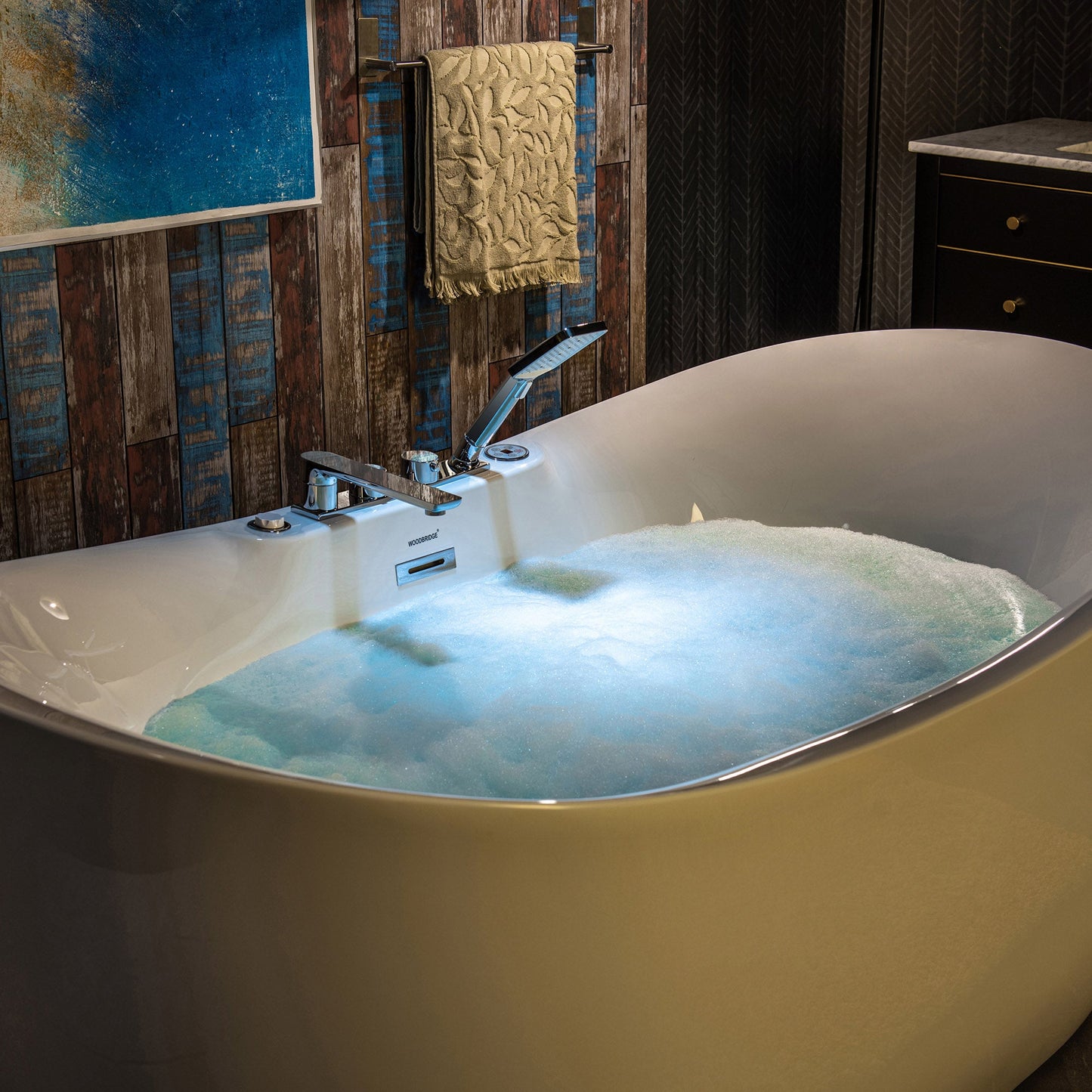 WOODBRIDGE 72" x 35-3/8" Whirlpool Water Jetted and Air Bubble Freestanding Heated Soaking Combination Bathtub with Tub Filler and LED control panel