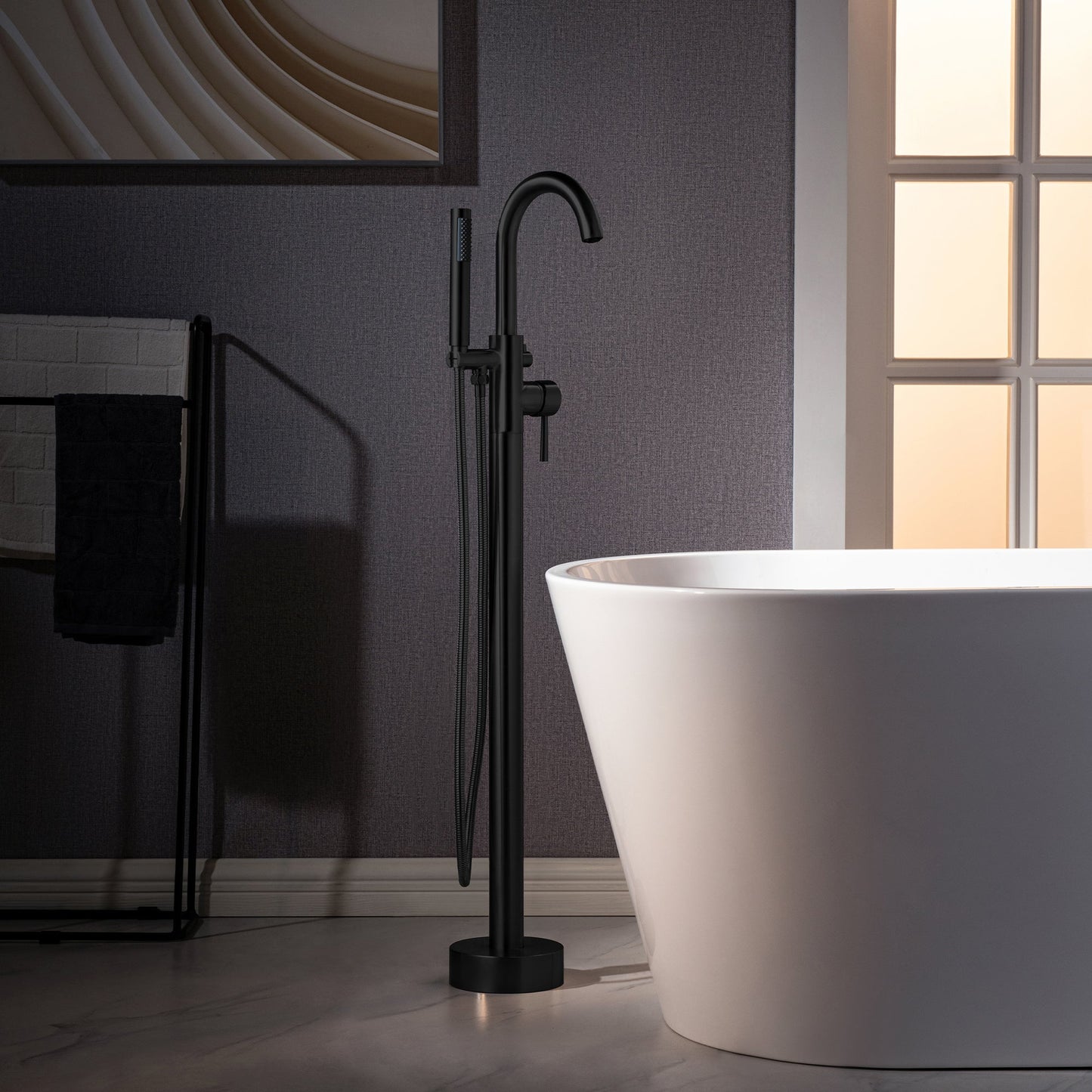WOODBRIDGE F0023BNRD Contemporary Single Handle Floor Mount Freestanding Tub Filler Faucet with Cylinder Shape Hand shower
