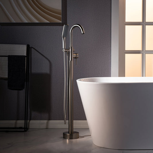 WOODBRIDGE F0023BNSQ Fusion Single Handle Floor Mount Freestanding Tub Filler Faucet with Square Comfort Grip Hand Shower