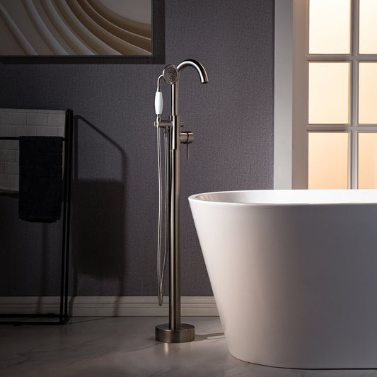 WOODBRIDGE F0023BNVT Fusion Single Handle Floor Mount Freestanding Tub Filler Faucet with Telephone Hand shower