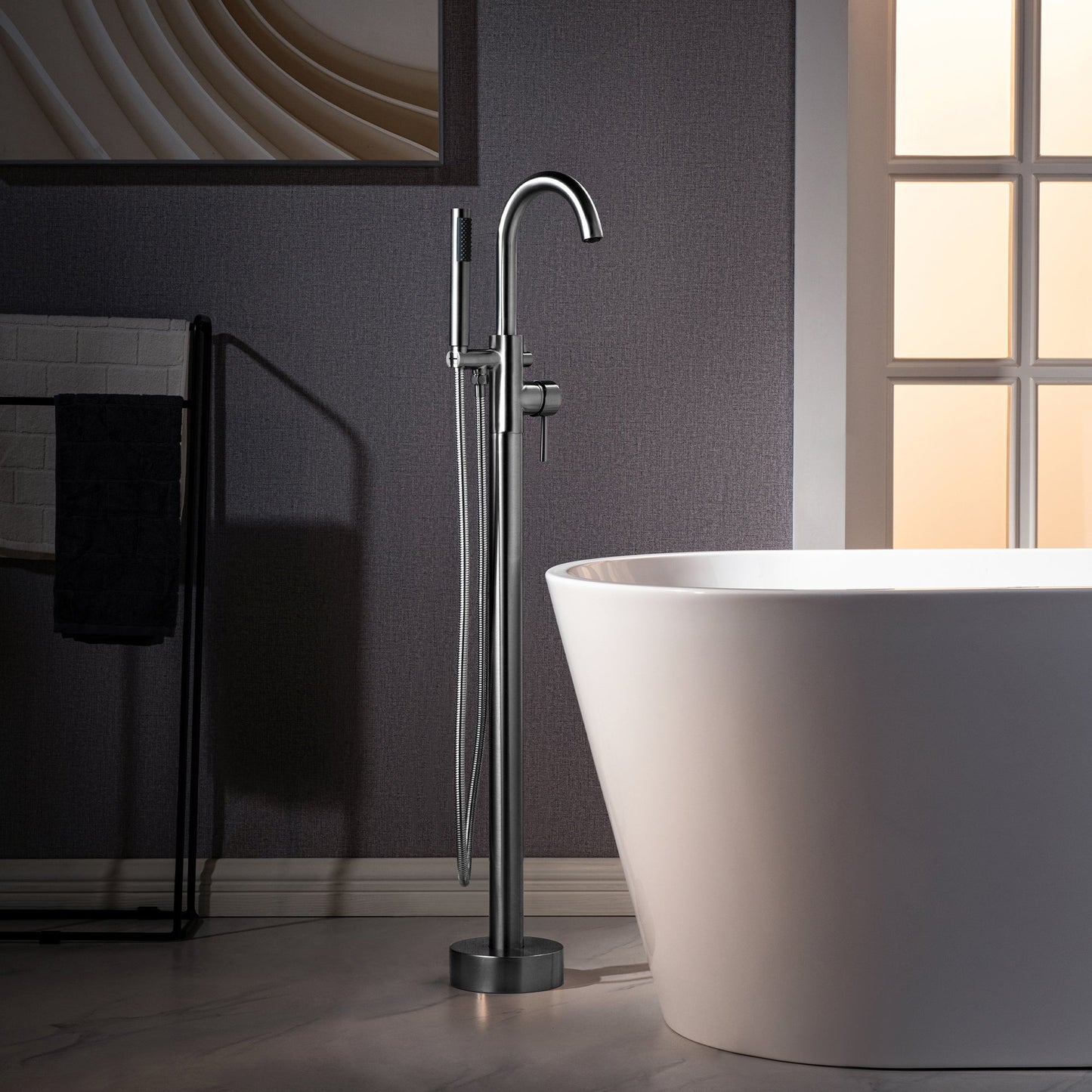 WOODBRIDGE F0023BNRD Contemporary Single Handle Floor Mount Freestanding Tub Filler Faucet with Cylinder Shape Hand shower