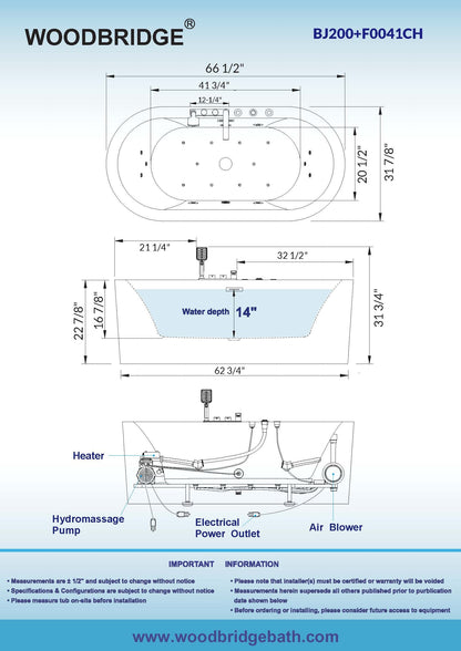 WOODBRIDGE 66-1/2" x 31-7/8" Whirlpool Water Jetted and Air Bubble Freestanding Heated Soaking Combination Bathtub with Tub Filler