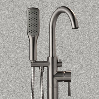 WOODBRIDGE F0023BNSQ Fusion Single Handle Floor Mount Freestanding Tub Filler Faucet with Square Comfort Grip Hand Shower