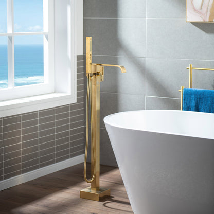 WOODBRIDGE F0040BN Contemporary Single Handle Floor Mount Freestanding Tub Filler Faucet with Hand shower