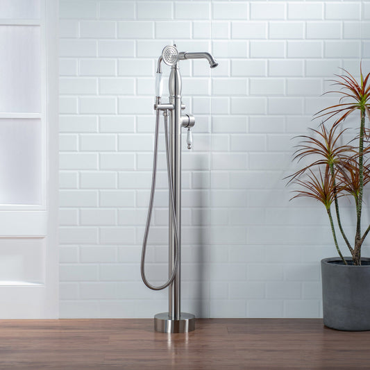 WOODBRIDGE F0047BN Fusion Single Handle Floor Mount Freestanding Tub Filler Faucet with Telephone Hand shower