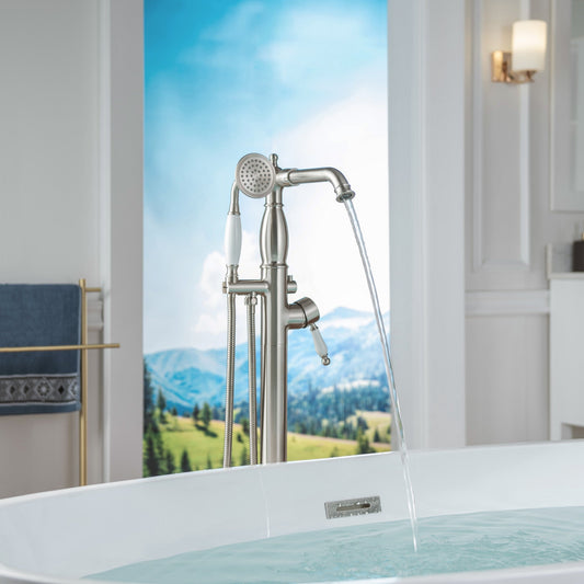 WOODBRIDGE F0047BN Fusion Single Handle Floor Mount Freestanding Tub Filler Faucet with Telephone Hand shower