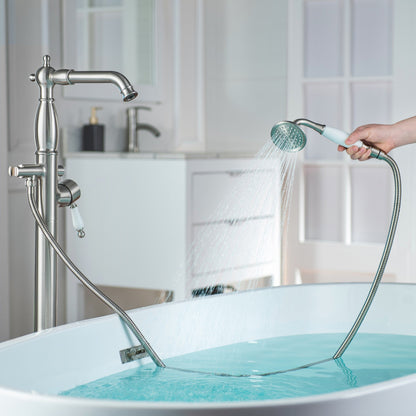 WOODBRIDGE F0047BN Fusion Single Handle Floor Mount Freestanding Tub Filler Faucet with Telephone Hand shower