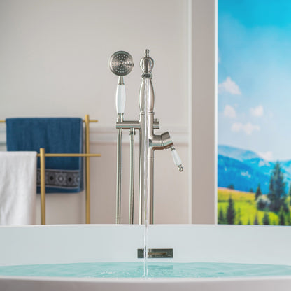 WOODBRIDGE F0047BN Fusion Single Handle Floor Mount Freestanding Tub Filler Faucet with Telephone Hand shower