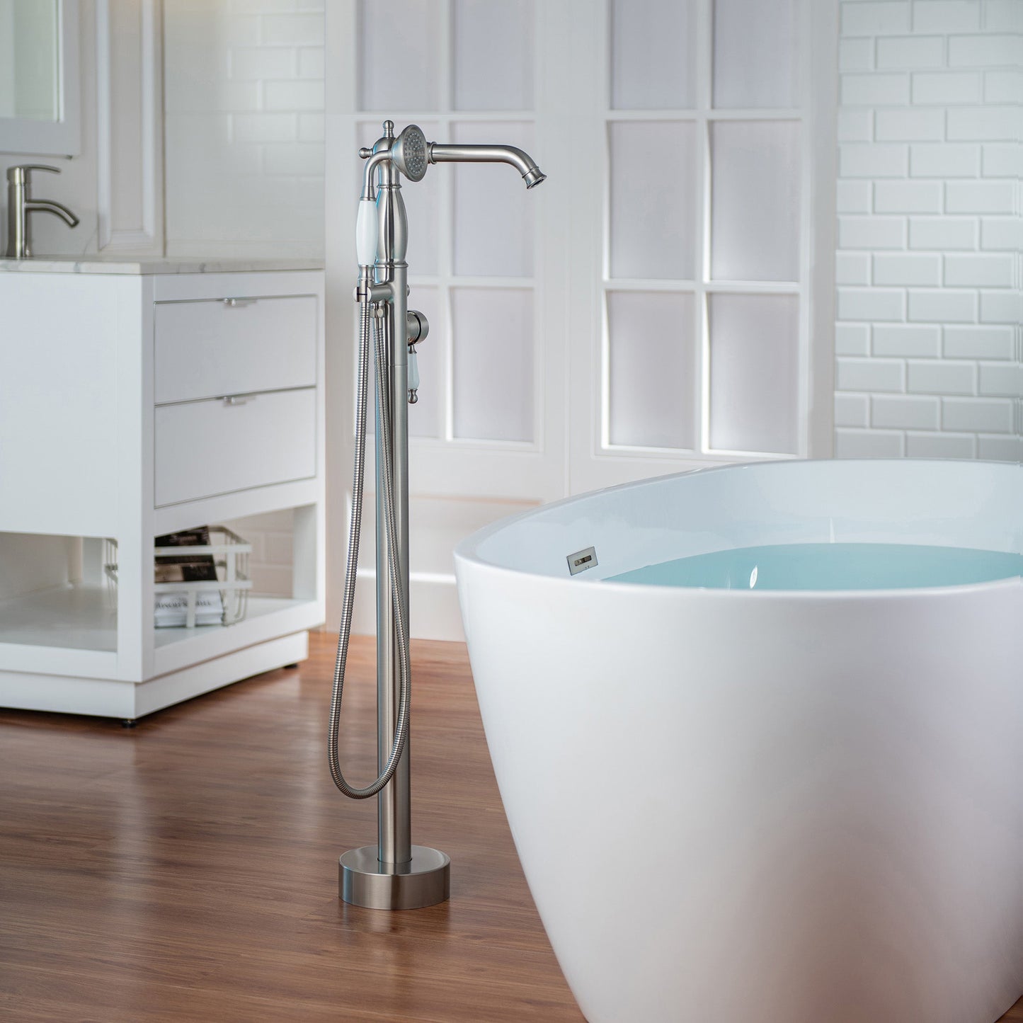 WOODBRIDGE F0047BN Fusion Single Handle Floor Mount Freestanding Tub Filler Faucet with Telephone Hand shower