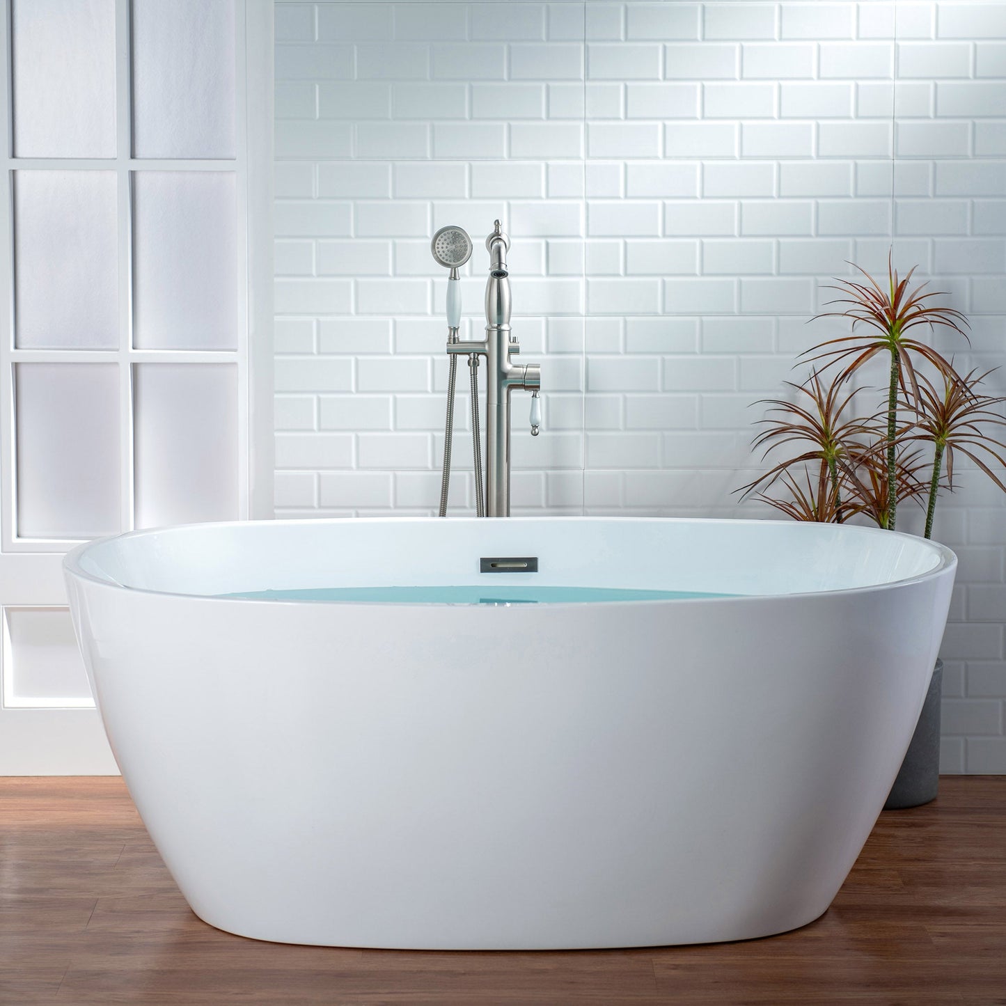 WOODBRIDGE F0047BN Fusion Single Handle Floor Mount Freestanding Tub Filler Faucet with Telephone Hand shower