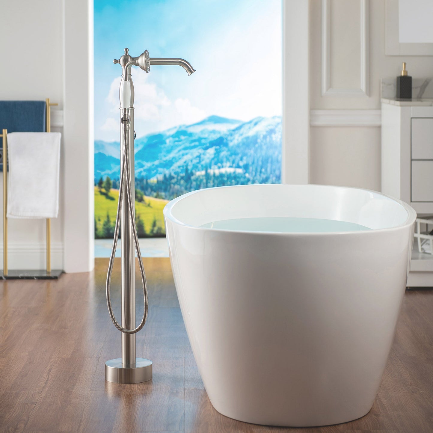 WOODBRIDGE F0047BN Fusion Single Handle Floor Mount Freestanding Tub Filler Faucet with Telephone Hand shower