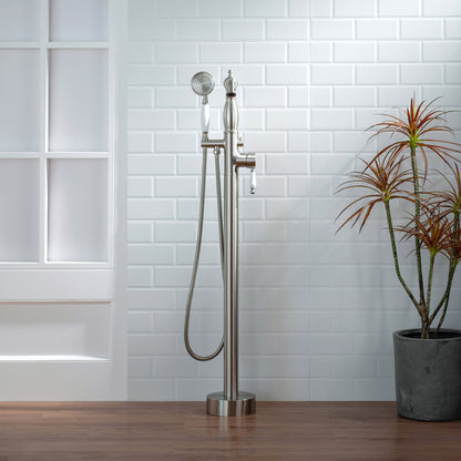 WOODBRIDGE F0047BN Fusion Single Handle Floor Mount Freestanding Tub Filler Faucet with Telephone Hand shower